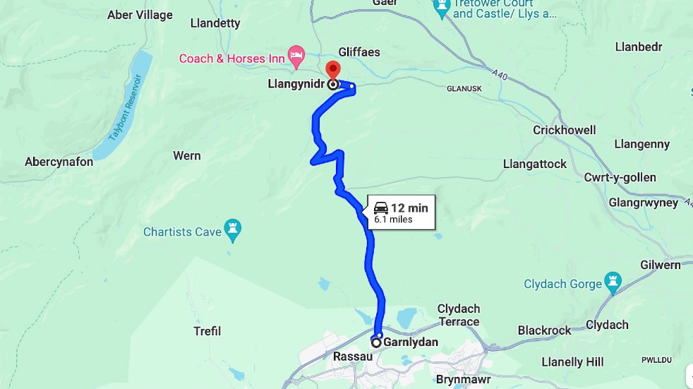 Garnlydan to Llangynidr map